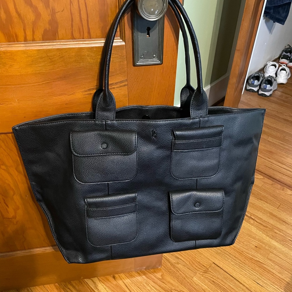 Steve Madden Black Pebbled Leather Tote with Four Front Patch Pockets
